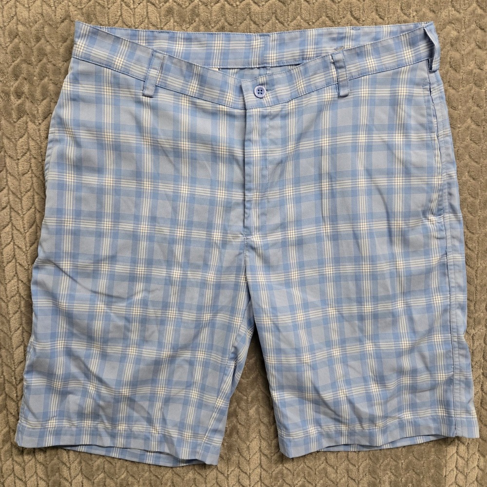 Ping Mens Golf Shorts Blue White Plaid Performance Flat Front 34 Lightweight